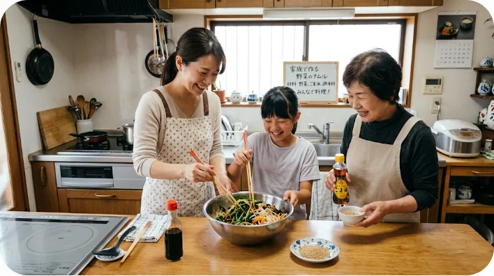 活気ある韓国の伝統市場で、ほうれん草、もやし、にんにくなどの新鮮な野菜を見ている東アジア人の大人の学習者。