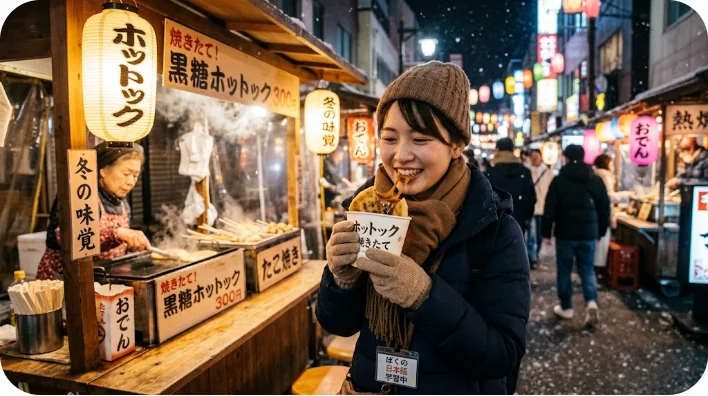 冬の屋台で紙コップに入れられた、黒砂糖の蜜がとろけ出す焼きたてのホットック