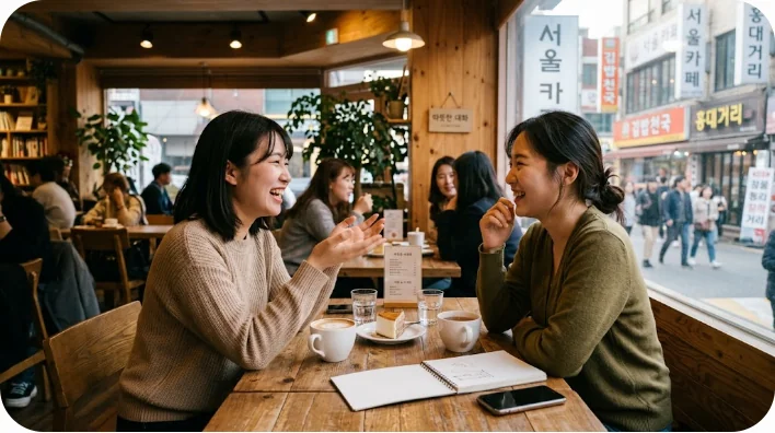 ソウルの居心地の良いカフェで、ジェスチャーを交えながら楽しそうに会話する2人の東アジア人の友人