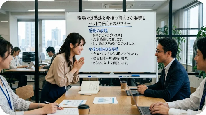 清潔感のあるオフィスで上司と笑顔で会釈を交わす様子