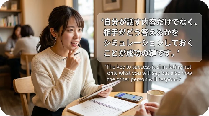 カフェでスマートフォンを見ながら韓国語のスピーキング練習をしている東アジア人の様子