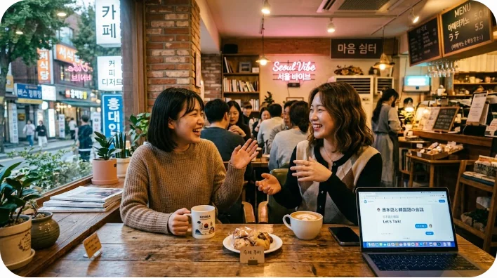 ソウルの居心地の良いカフェで、ジェスチャーを交えながら楽しそうに会話する2人の東アジア人の友人