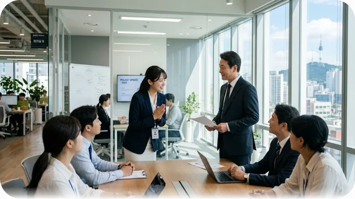 職場やビジネスシーンで上司へ敬意を込めてアルゲッスムニダと丁寧に応答する場面