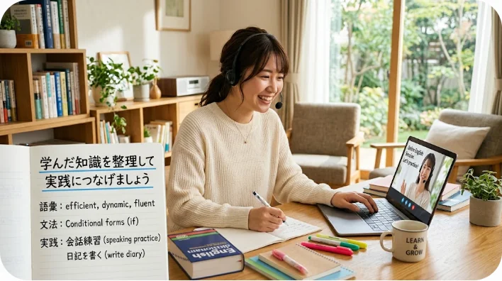 リビングでノートパソコンを見ながら笑顔でオンラインレッスンを受ける東アジア人女性