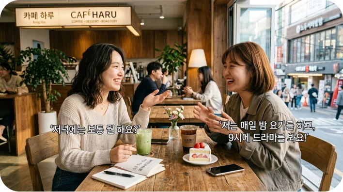 カフェで楽しく日常会話をする二人の友人