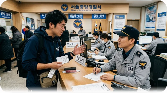 困惑した表情で警察官に財布の紛失を相談する男性観光客
