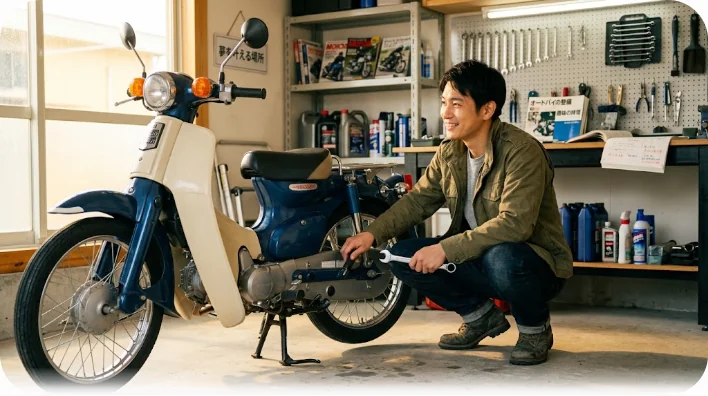 ガレージでバイクの整備を楽しむ様子
