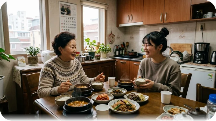 ホームステイ先で朝食を囲みながらホストマザーと挨拶を交わす留学生