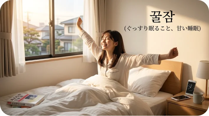朝の柔らかい日差しの中で、ベッドで気持ちよく目覚めて伸びをする様子