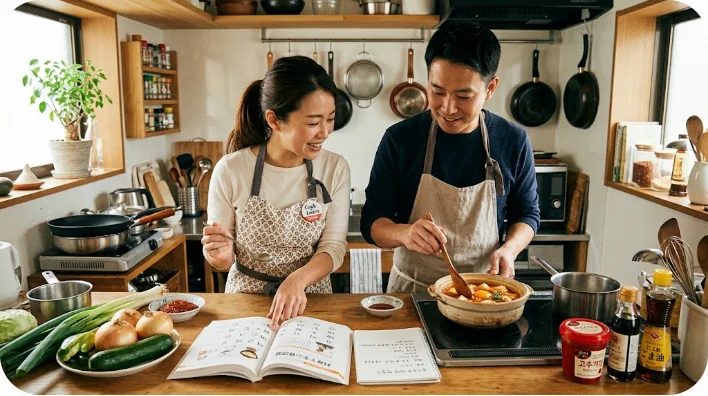 家庭のキッチンで、新鮮な野菜のナムルにごま油をかけて楽しく和えている東アジアの家族。