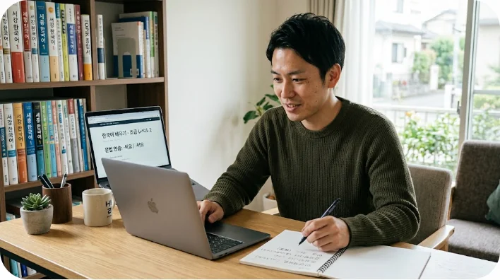 整頓されたデスクでノートパソコンを使って韓国語を勉強し、集中して意欲的な表情を見せる東アジア人の大人の学習者
