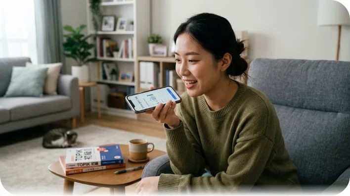 スマートフォンで韓国語クイズに回答し理解度を楽しく確認する学習者の様子