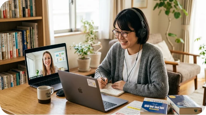 自宅でオンライン語学レッスンを受ける学習者