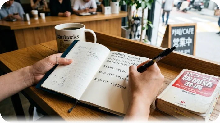ノートに韓国語の助けを求めるフレーズを書き出している学習者視点の構図