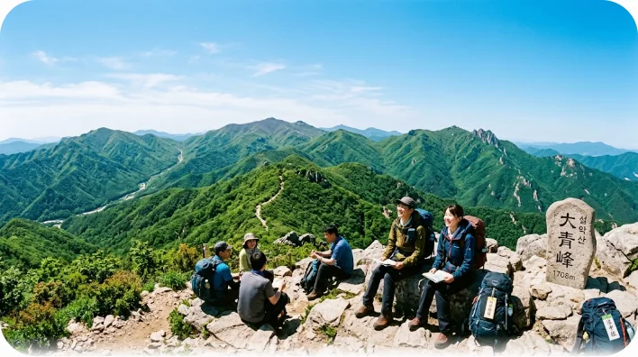 青空の下、韓国の美しい山脈を見渡す頂上からの風景