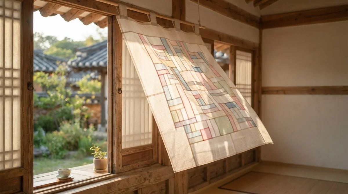 木枠の窓、半透明のパッチワークのカーテン、そして窓辺に置かれた小さな鉢植えのある、伝統的な韓国風の部屋。陽光が差し込み、部屋全体を明るく照らしている。.
