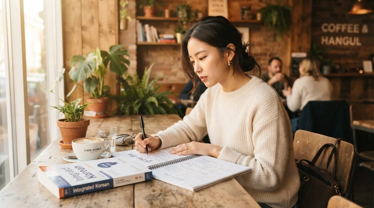 ある女性がカフェのテーブルに座り、本やノートを広げて韓国語の勉強をしている。コーヒーカップや鉢植えの植物のそばで、ペンを使って何かを書き込んでいる。.