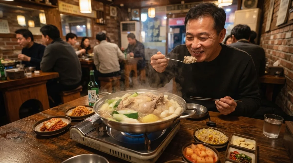 賑やかなレストランの木製のテーブルで、男が湯気の立ち上る鍋を頬張っている。周囲にはおかずが並び、背景には他の客の姿が見える。.