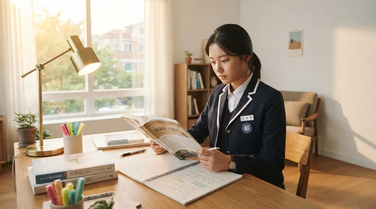 制服を着た生徒が机に向かって本を読み、周りにはノートやペン、ランプが置かれており、窓からは日差しが差し込んでいる。.