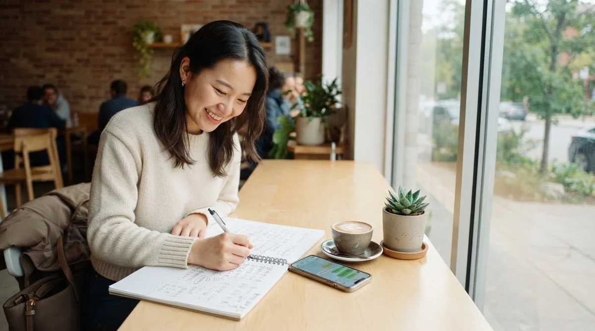 窓際のカフェのテーブルに女性が座り、ノートに何かを書きながら微笑んでいる。テーブルの上には、コーヒーカップ、スマートフォン、そして小さな鉢植えが置かれている。.