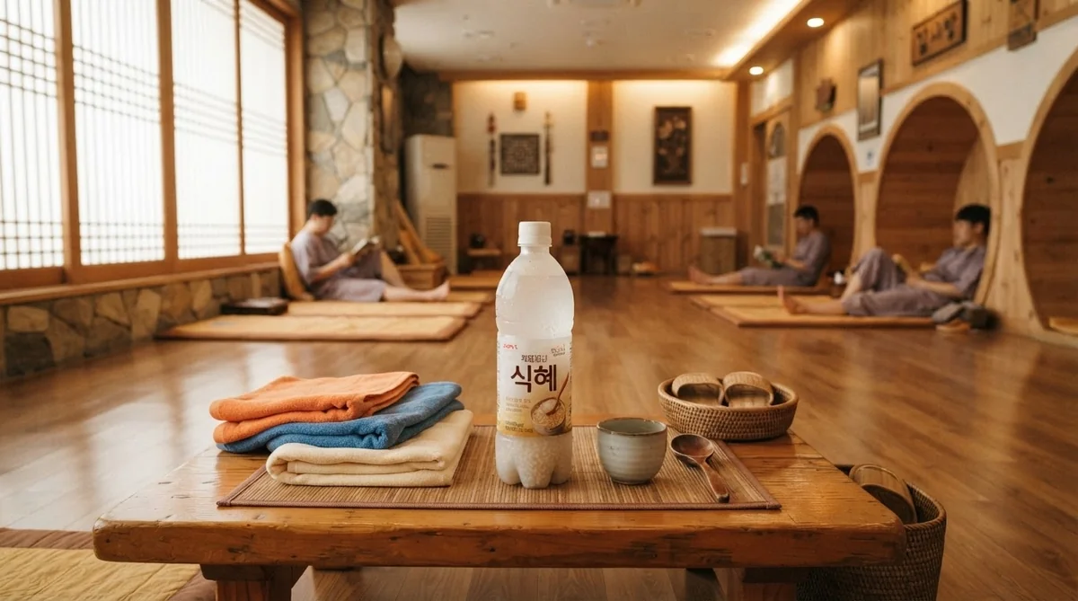 伝統的な部屋のテーブルの上に、韓国の米酒の瓶、コップ、折り畳まれたタオルが置かれており、背景には畳の上に座っている人々の姿が見える。.