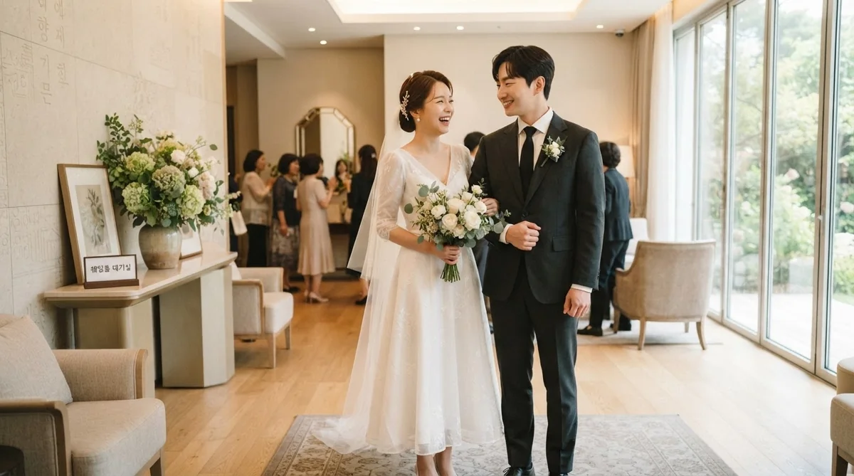 屋内で、ウェディングドレスとタキシードに身を包んだ新郎新婦が、ブーケを手に持ち、互いに微笑み合っている。背景には、ゲストたちが集まっている。.
