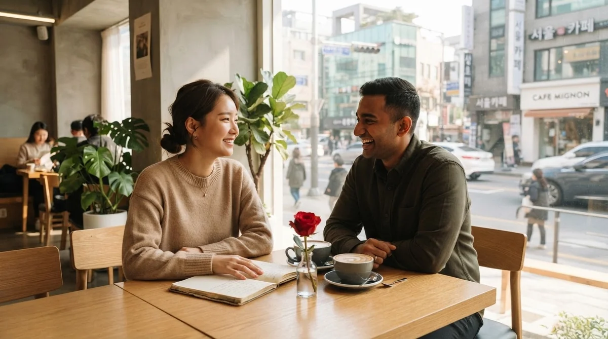 カフェのテーブルを挟んで向かい合って座っている2人は、ノートとコーヒー、そして花瓶に挿された赤いバラを前に、にこやかに会話を交わしている。その窓からは、にぎやかな通りが見下ろせる。.