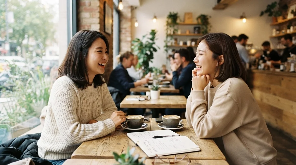 カフェのテーブルに、コーヒーを片手に座って、笑顔で話している2人の女性がいる。テーブルの上には、メモが書かれた開いたノートとペンが置かれている。背景には、他の客の姿も見えている。.