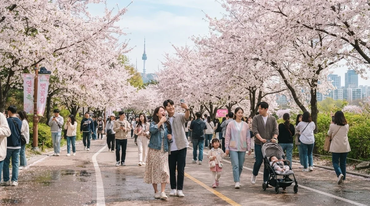 晴れた日、人々は咲き誇る桜の木々が立ち並ぶ小道を歩いており、ベビーカーを押したり、写真を撮ったり、景色を楽しんだりしている。.