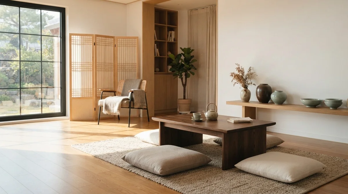 低い木製のテーブル、フロアクッション、陶器が置かれたベンチ、椅子、本棚、屏風、そして自然光が差し込む大きな窓を備えた、ミニマリスト風のリビングルーム。.