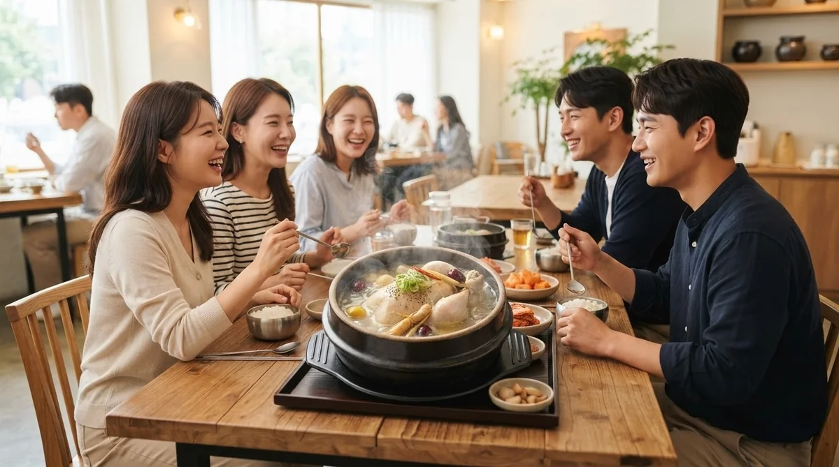 5人が木製のテーブルを囲み、中央に置かれた大きな鍋を囲んで食事を楽しんでいます。明るくモダンなレストランの中で、皆笑顔で一緒に食事をしています。.
