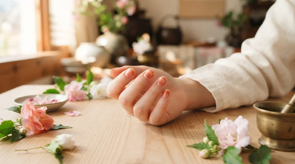 ピンクと白の花で飾られた木製のテーブルの上に、誰かの手が置かれており、背景の窓からは自然光が差し込んでいる。.