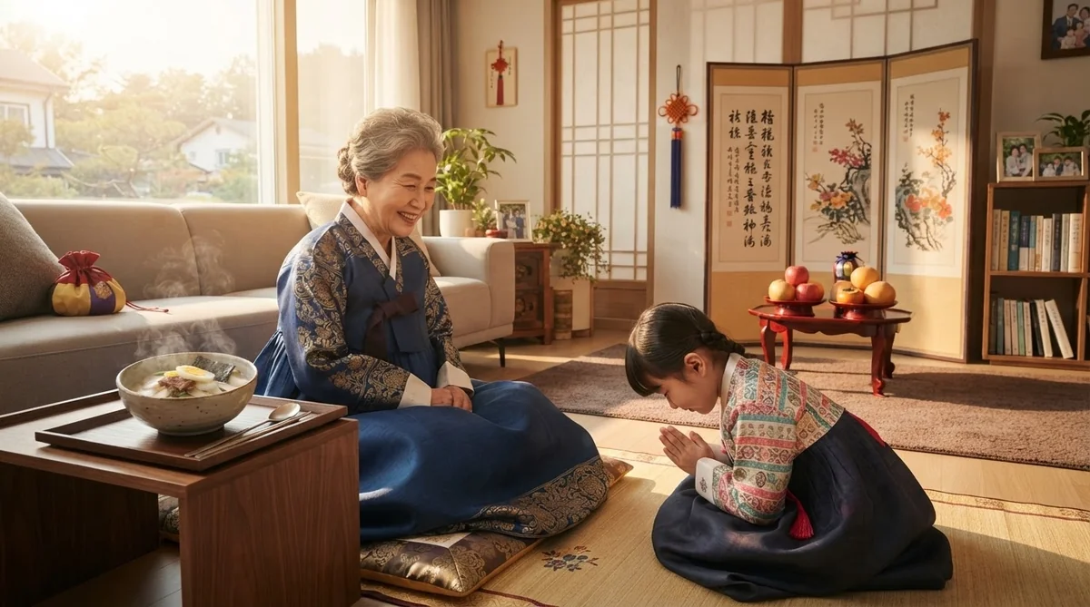 屋内の敷物の上に、韓国の伝統衣装「ハンボク」を着た年配の女性と子供が座っている。子供が丁重にお辞儀をする一方、女性は微笑んでいる。その近くには果物や装飾品が並べられている。.