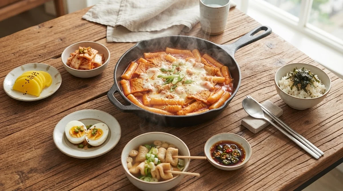 木製のテーブルの上に、トッポッキの入った鍋、ご飯の茶碗、キムチ、大根の漬物、味付け卵、串に刺したさつま揚げ、そしてタレが並んでいる。トッポッキからは湯気が立ち上っている。.