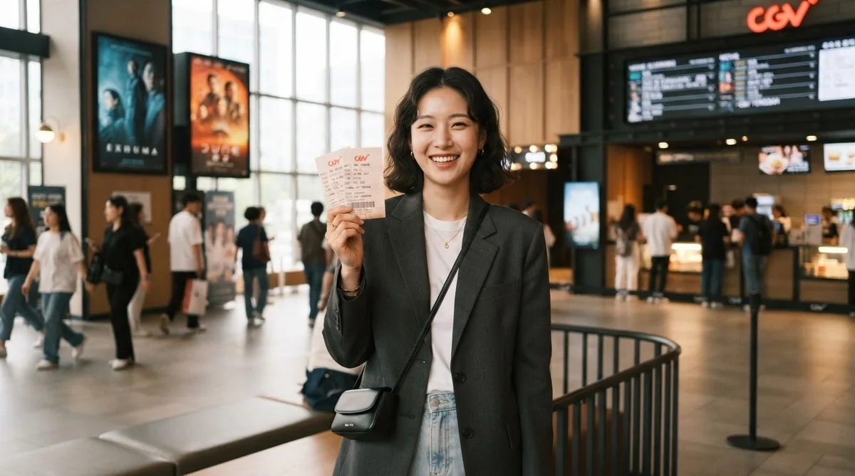 ある映画館のロビーで、女性が室内に立ち、笑顔で映画のチケットを手にしている。背景には人々やポスターが見える。.