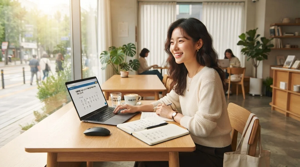 明るいカフェの木製のテーブルに女性が座り、画面にカレンダーを表示したノートパソコンで作業をしながら、ノートにメモを取っている。背景では、他の人たちも仕事をしている。.