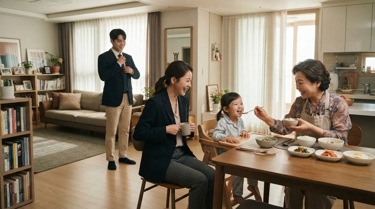 明るくモダンなリビングルームのダイニングテーブルで、4人家族が一緒に朝食を楽しんでいます。3人は席に着いて笑顔を見せている一方、1人は立ってスーツの着こなしを直しています。.