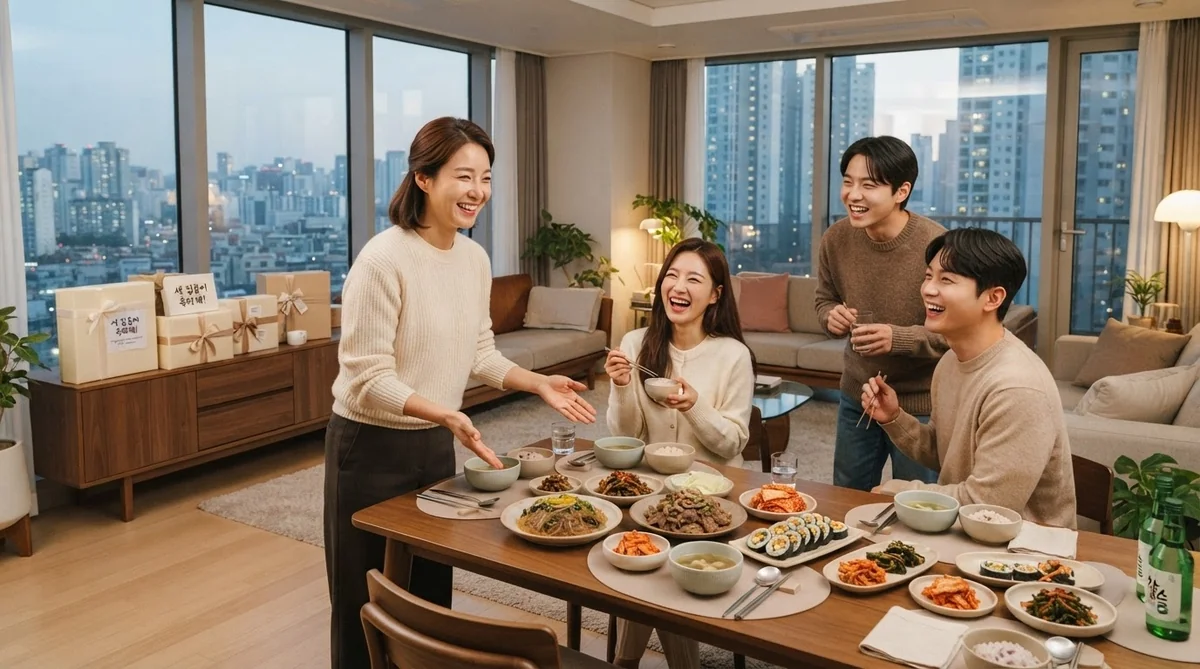モダンなアパートのダイニングテーブルを囲んで、4人がさまざまな韓国料理を前に、笑顔で談笑している。.