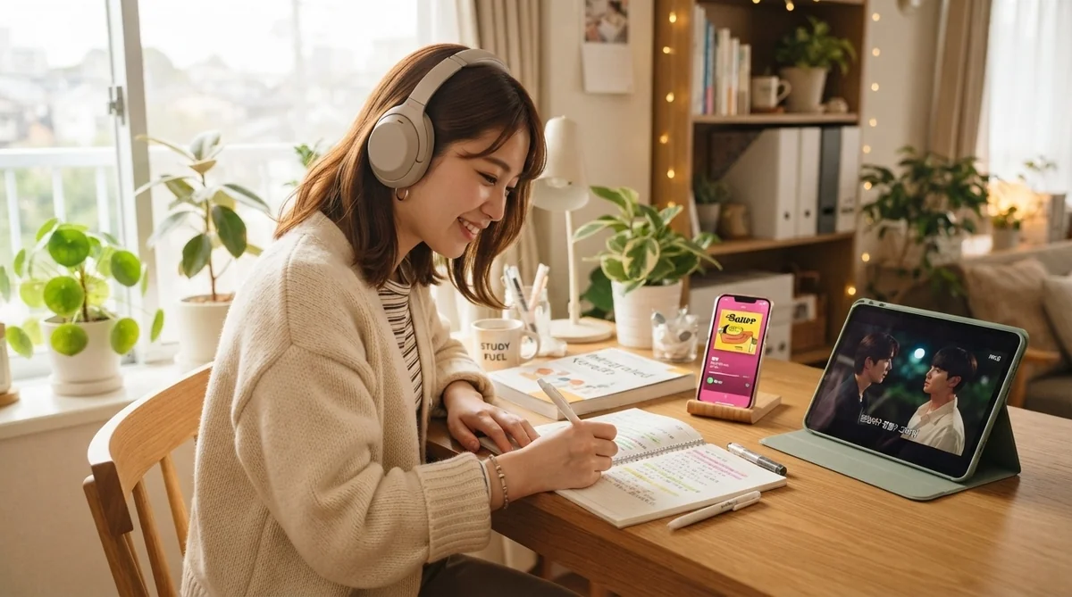 ヘッドフォンを付けた女性が、ノートやスマートフォン、ドラマのシーンが表示されたタブレットを机の上に置き、机や窓辺には植物や学習教材が置かれている中で勉強している。.