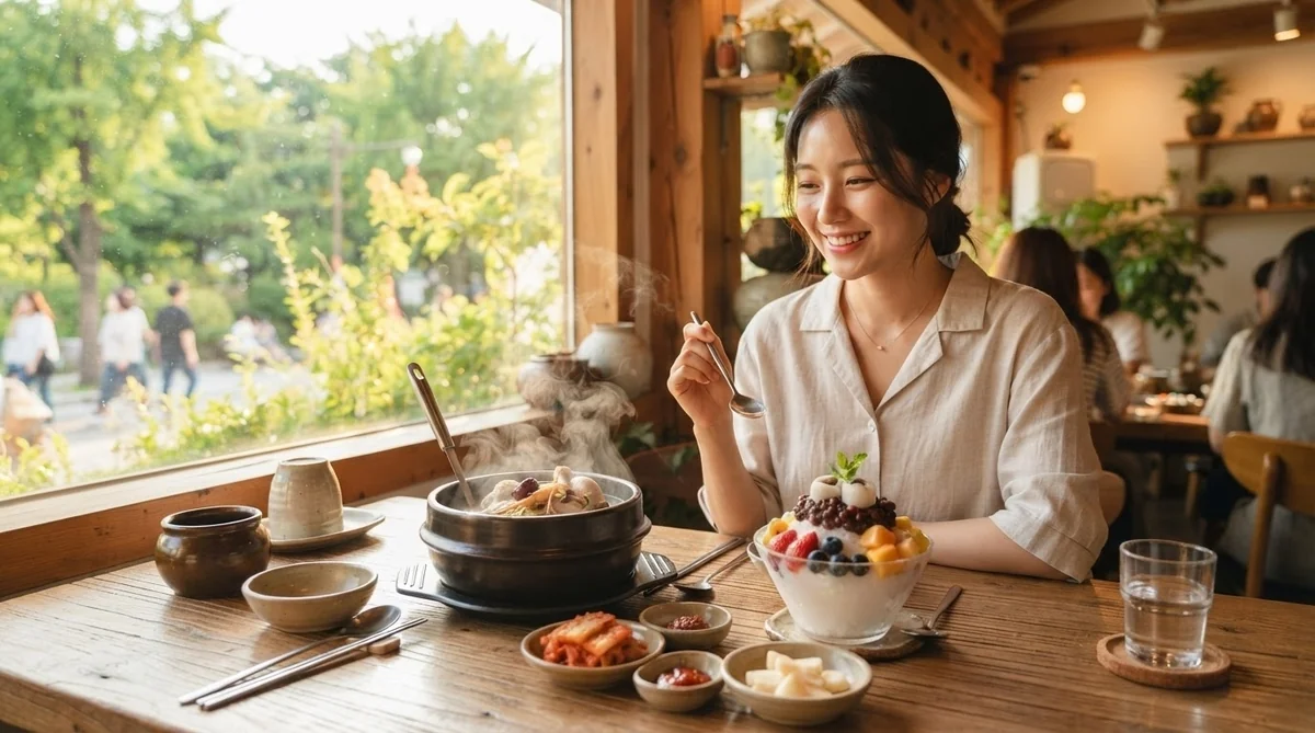 日差しの差し込むカフェで、ある女性が木製のテーブルに座り、目の前にあるスープ、フルーツのデザート、キムチ、そしておかずを前に、にっこりと笑っている。.