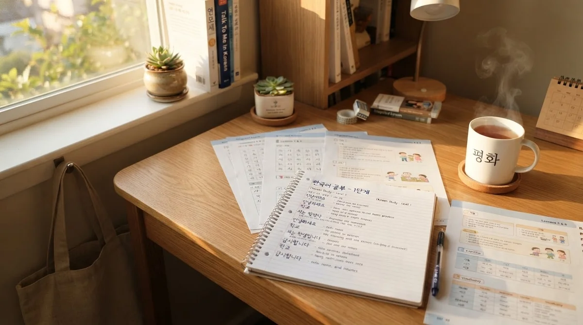 日当たりの良い窓辺に、学習資料が置かれた木製の机、韓国語が書かれたスパイラルノート、ワークシート、湯気の立つマグカップ、カレンダー、本、そして鉢植えが並んでいる。.