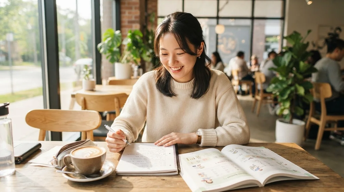 ある女性がカフェのテーブルに座り、開いた教科書とコーヒーカップを傍らに置きながら、ノートに何かを書いている。.
