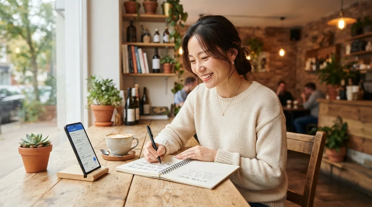 カフェの木製のテーブルに座り、ノートに何かを書いている女性。スタンドに置かれたスマートフォンと、そのそばにコーヒーカップが置かれている。.