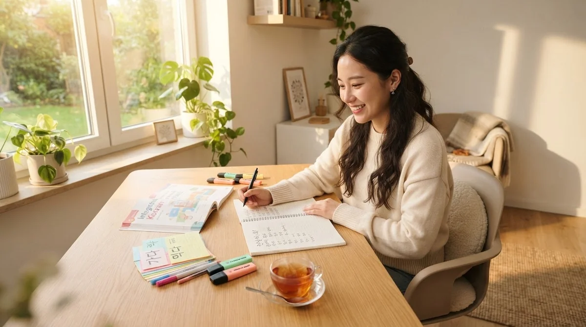 窓際の机に腰を下ろした女性が、ノートに何かを書きながら微笑んでいる。机の上には本やマーカー、そしてお茶の入ったカップが置かれている。部屋には植物と日差しが満ちている。.