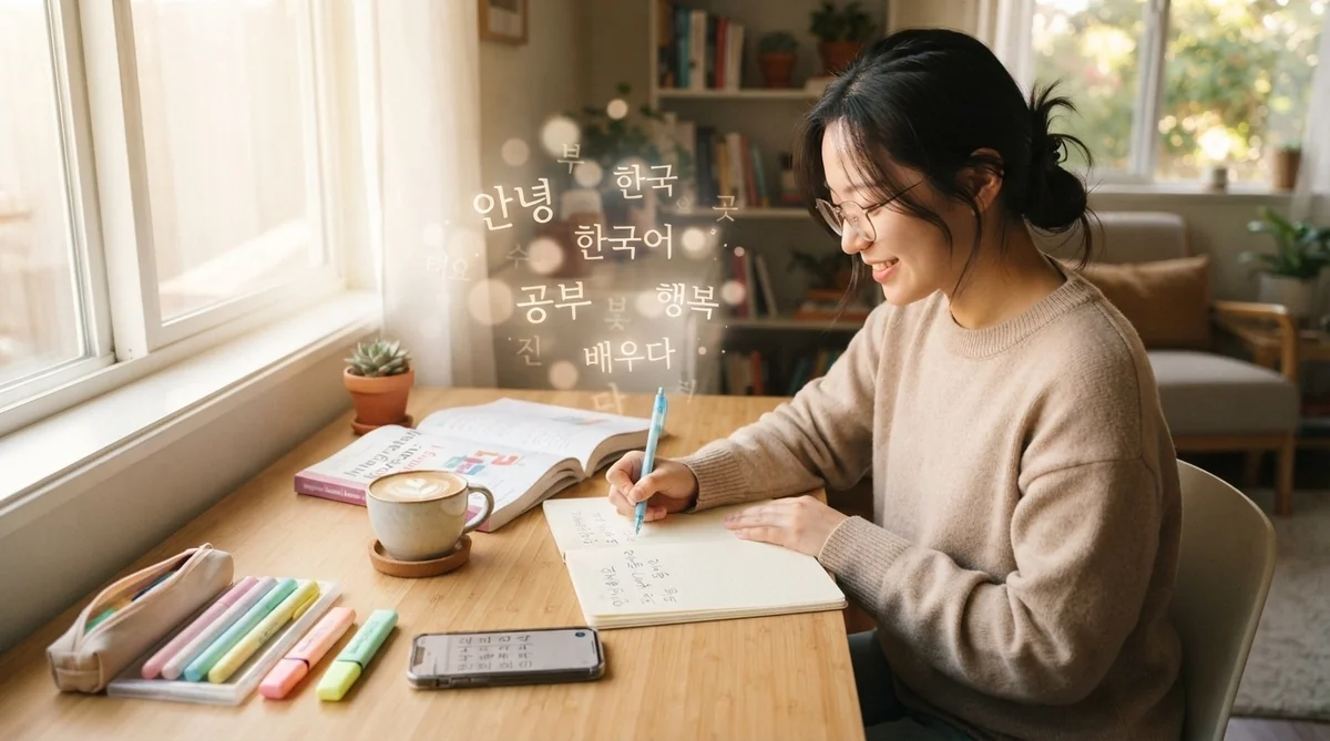 机の上に学習教材とコーヒーカップが置かれた机で、ノートに韓国語を書いている女性。その横には韓国語の単語が浮かんでいる。.