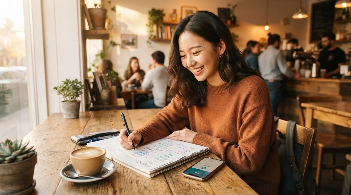 ある女性がカフェの木製のテーブルに座り、ノートに何かを書きながら微笑んでいる。テーブルの上にはコーヒーカップ、携帯電話、そして鉢植えが置かれている。背景には数人の人影が見える。.