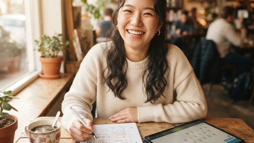 あるカフェの木製のテーブルに、女性が座って、紙に何かを書きながら微笑んでいる。テーブルの上には、タブレット、お茶のカップ、そして鉢植えが置かれている。.