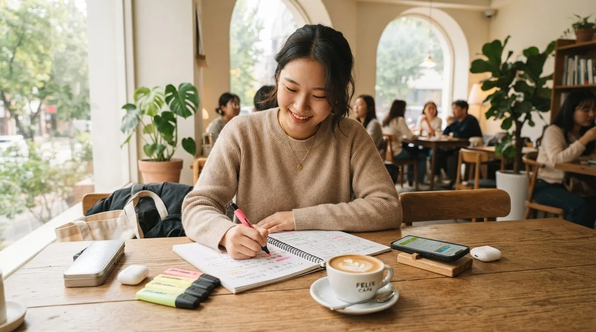 カフェの木製のテーブルに座っている若い女性が、ノートを開いて勉強しながら微笑んでいる。手元には色とりどりの蛍光ペンとコーヒーカップがある。.