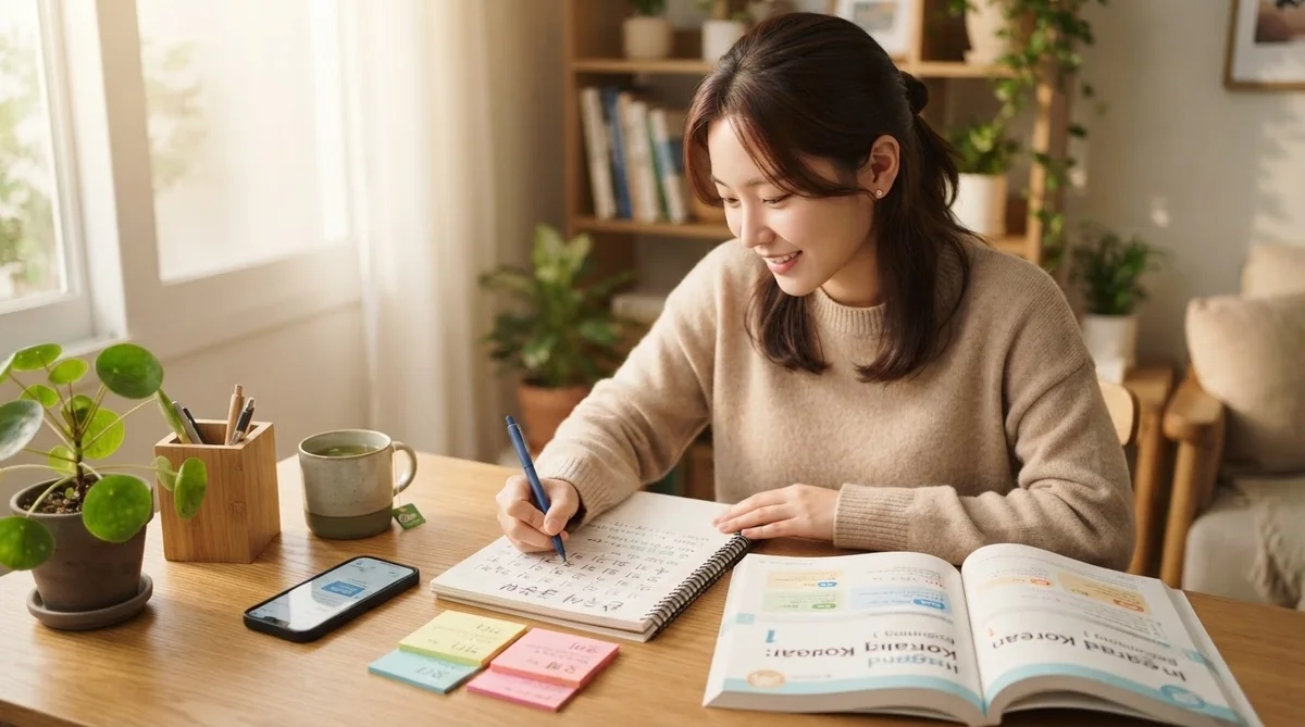 明るい部屋の中で、机に向かい、ノートに何かを書き込んでいる人がいます。そのそばには、開いた教科書、付箋、スマートフォン、そして観葉植物が置かれています。.