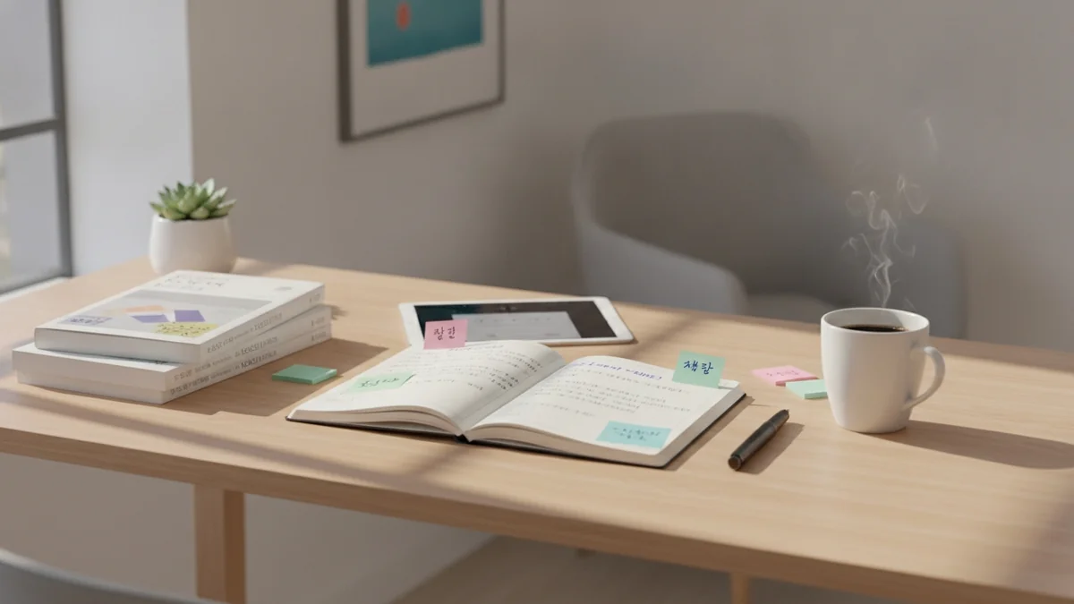 明るい部屋にある木製の机の上には、開いたノート、付箋、ペン、タブレット、本、鉢植え、そして湯気の立つコーヒーカップが置かれている。.